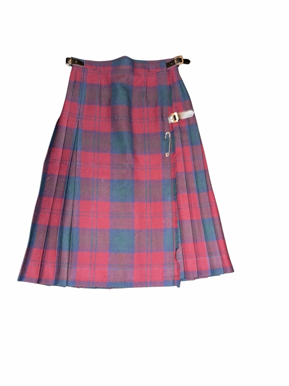 Plaid Wool Wrap Circle Skirt in Red & Blue with Buckle Detail